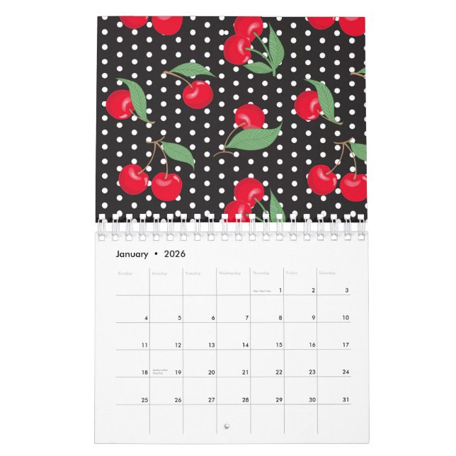 Red Cherry Fruit Grönt Löv Black White Dots Kalender (Jan 2026)