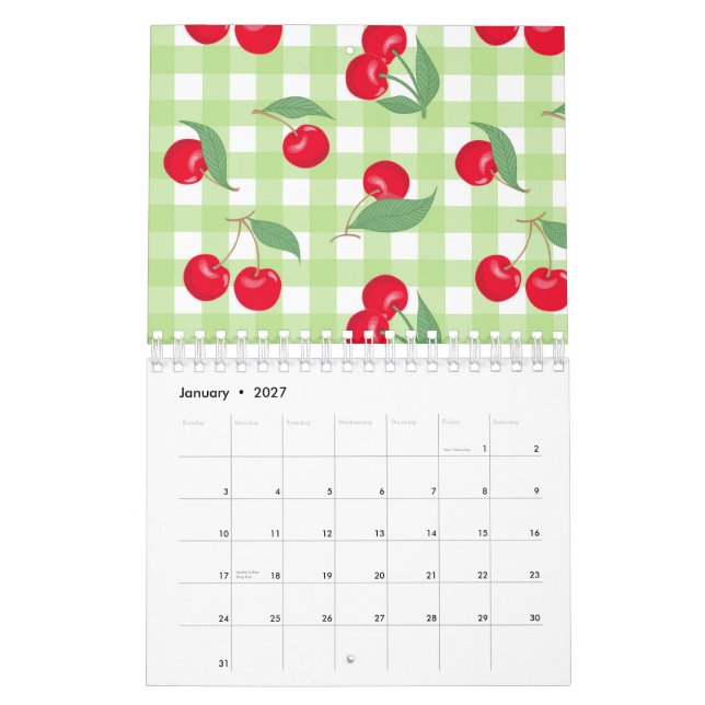 Red Cherry Fruit Grönt Lövs Pastel Lumberjack Kalender (Jan 2027)