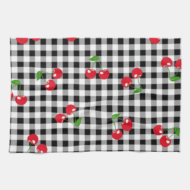 Red Cherry Gingham Black & White Buffalo Play Kökshandduk (Horisontell)