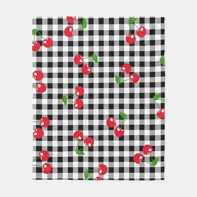 Red Cherry Gingham Black & White Checkated Mysigt Fleecefilt (Framsidan)