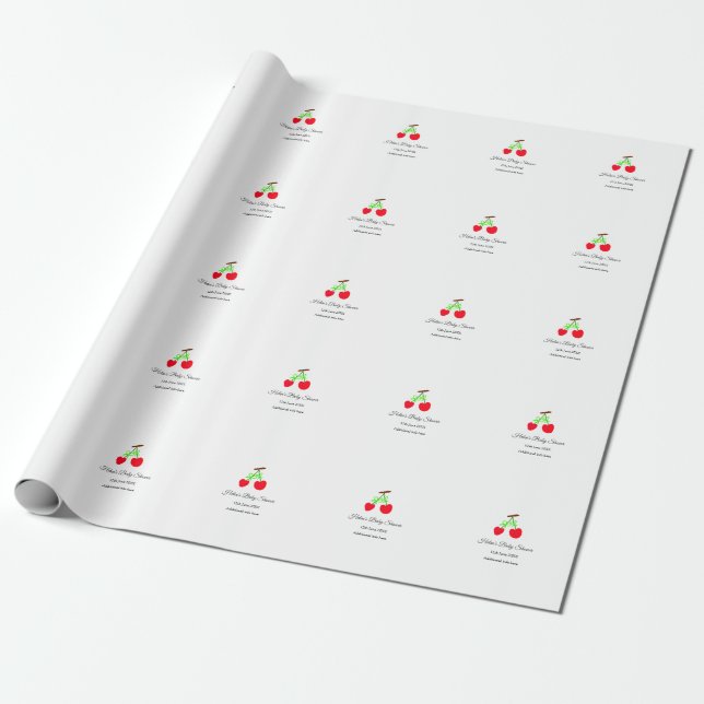Red Cherry grönt bow add namn date babydusch Presentpapper (Utrullad)