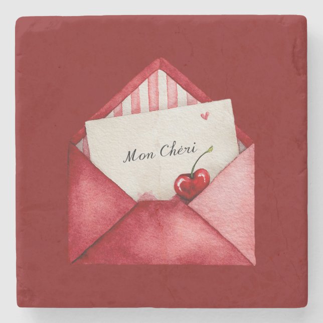 Red Cherry Heart Envelope Valentine's Day Stenunderlägg (Framsidan)