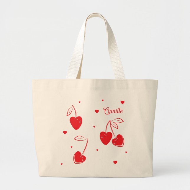 Red Cherry Hearts Whimsical Cute Shape Namn Jumbo Tygkasse (Framsidan)