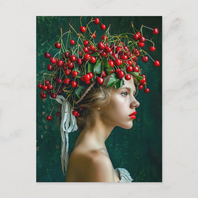 Red Cherry Krona Romantic Porträtt Helg Vykort (Framsida)