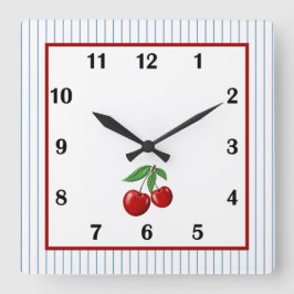 Red Cherry on Blue Rand Fyrkantig Klocka