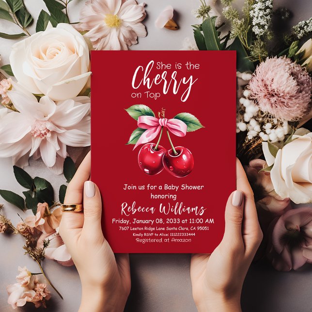 Red Cherry on Top Coquette Rosa Bow Baby Shower Inbjudningar (Skapare uppladdad)