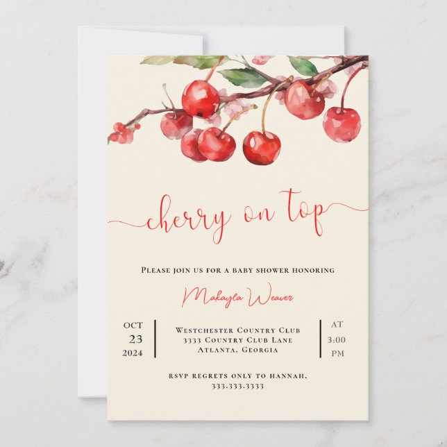Red Cherry on Top Flicka Shower-inbjudan Inbjudningar (Framsida)