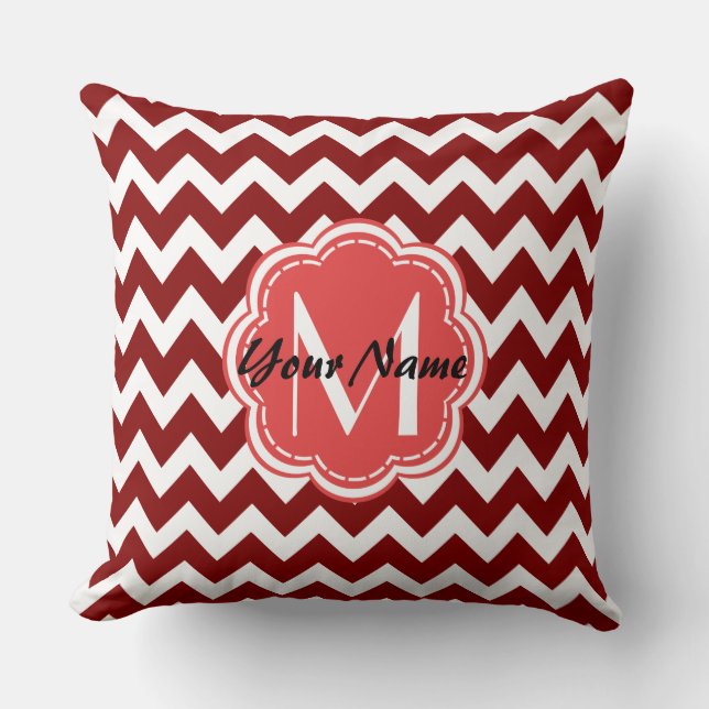 Red Chevron Blommigt Monogram, Personlig Namn Kudde (Framsida)