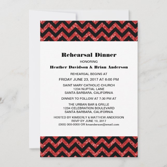Red Chevron Glitter Rehearsal Dinner Inbjudan (Framsida)