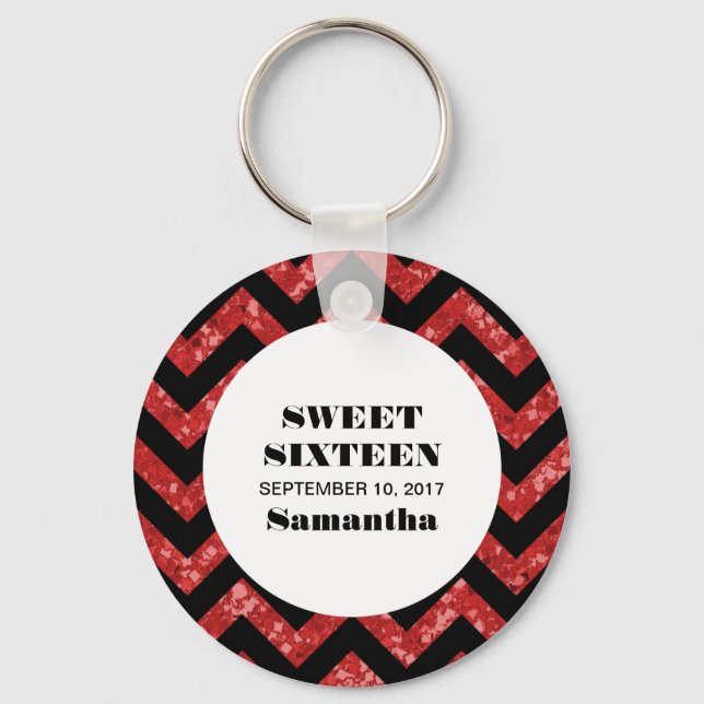 Red Chevron Glitter Sweet 16 Keychain Nyckelring (Framsida)