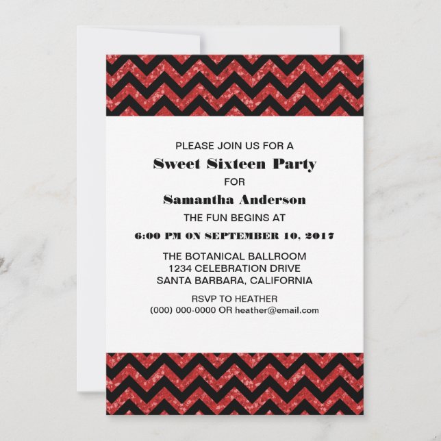 Red Chevron Glitter Sweet 16 Party Inbjudan (Framsida)