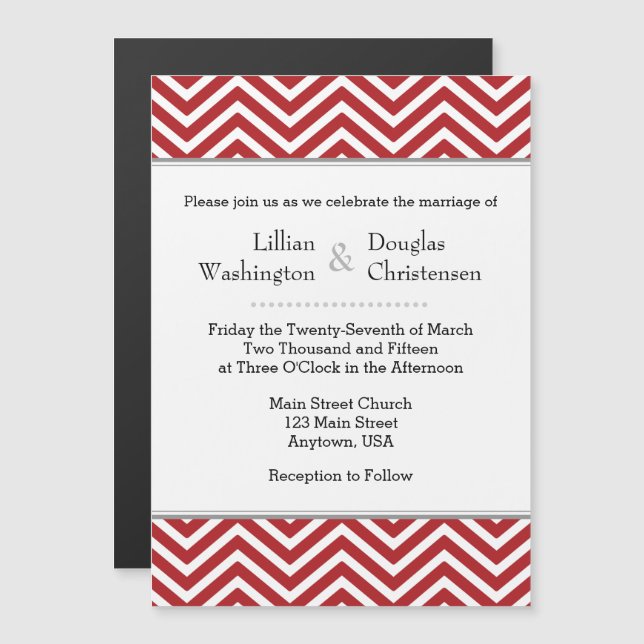 Red Chevron Magnetic Wedding Investigation Magnetisk Inbjudningskort (Fram/baksida)