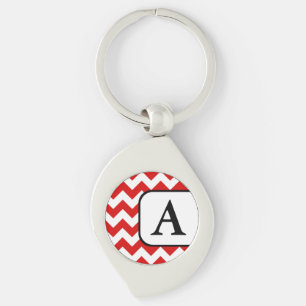 Red Chevron Monogram Keychain Swirl Silverfärgad Nyckelring