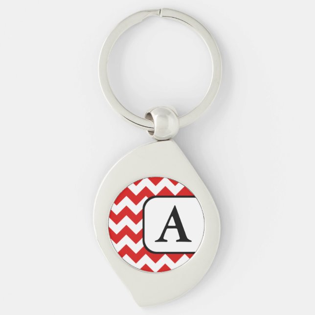 Red Chevron Monogram Keychain Swirl Silverfärgad Nyckelring (Framsidan)