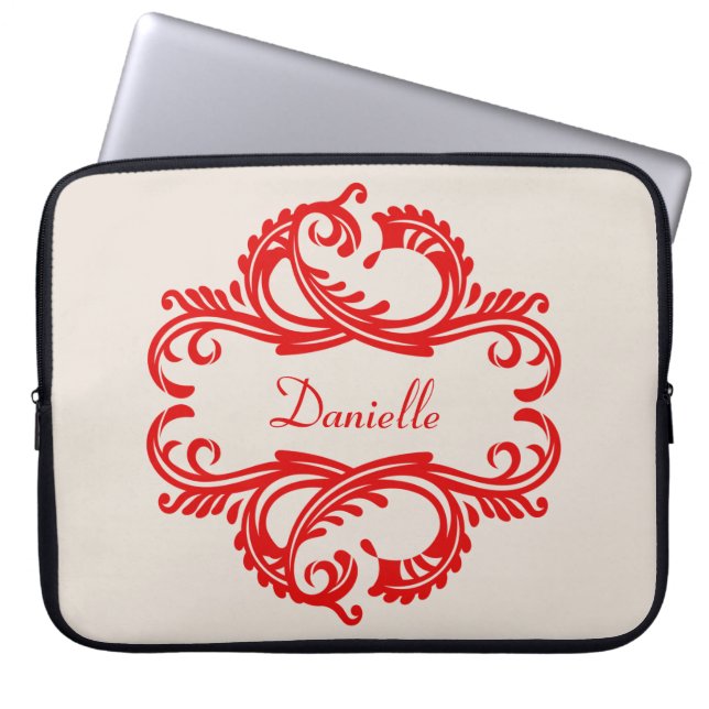 Red Chic Damask Laptop sleeve (Framsidan)
