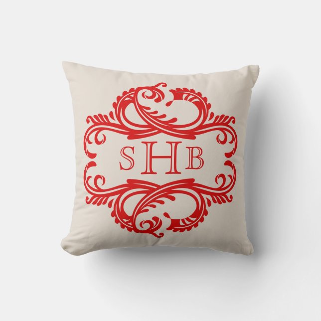 Red Chic Damask Monogram Pillow Kudde (Framsida)
