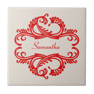 Red Chic Damask Tile Kakelplatta