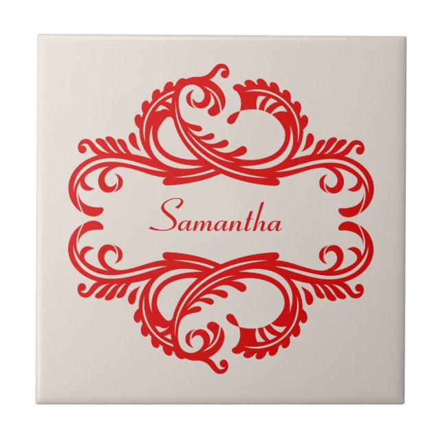 Red Chic Damask Tile Kakelplatta (Framsidan)