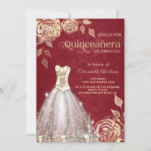 Red chic Guld ro trendig dress Quinceañera Inbjudningar