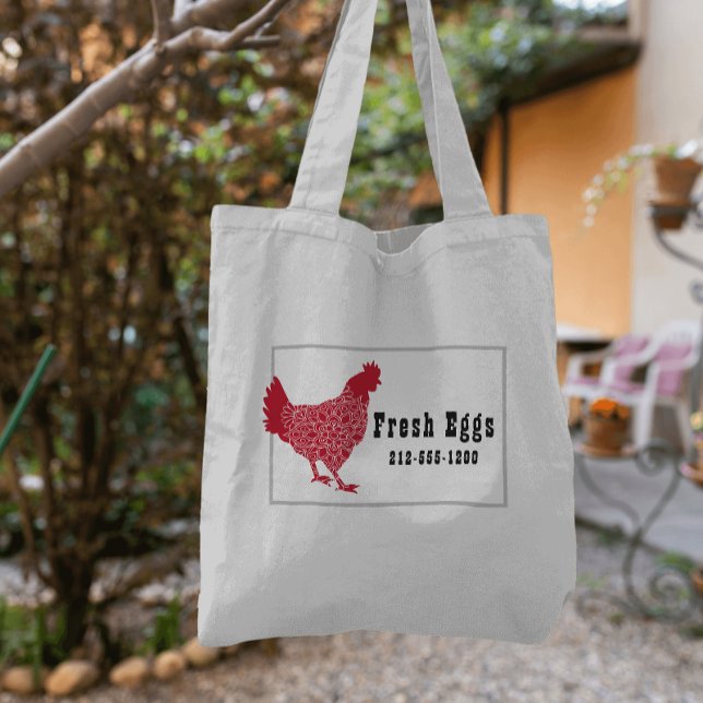 Red Chicken Fresh Eggs Tygkasse (Fun budget tote bag and a great way to advertise your small farm business!)