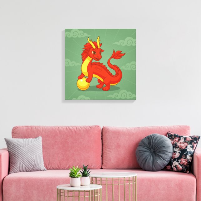 Red Chinese Dragon on Green Canvastryck (Insitu (Vardagsrum))