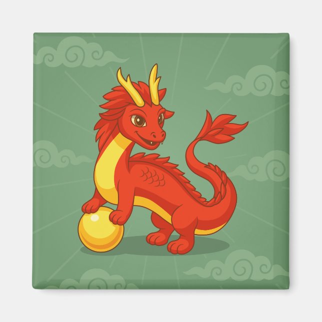 Red Chinese Dragon on Green Magnet (Framsidan)
