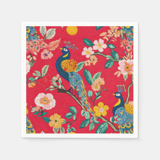 Red Chinoiserie Blommigt med Peacocks Pappersservett