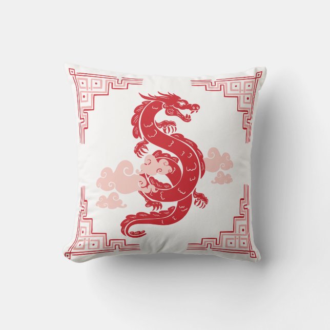 Red Chinoiserie Dragon och Clouds Kudde (Framsida)