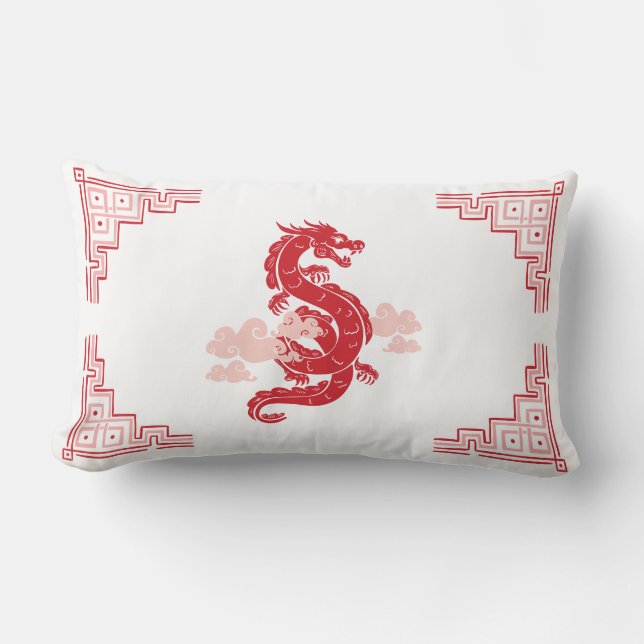 Red Chinoiserie Dragon och Clouds Lumbarkudde (Framsida)