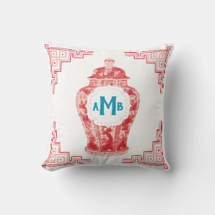 Red Chinoiserie Ginger Burk Monogram Kudde