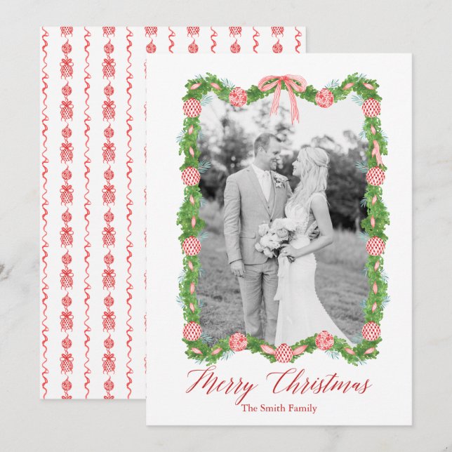 Red Chinoiserie Ornament Garland Grandmillenial Julkort (Fram/baksida)