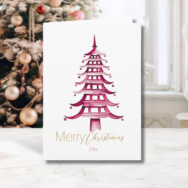 Red Chinoiserie Pagoda Julgran Kort (Red Chinoiserie Pagoda Christmas Tree Card)