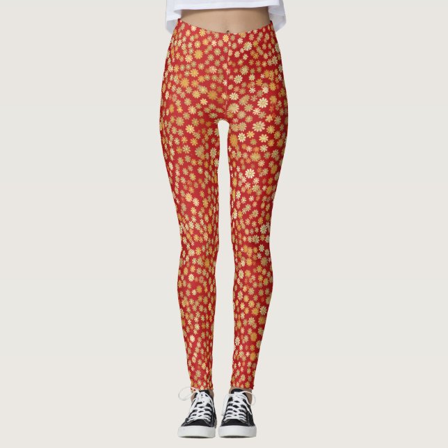 Red Chiyogami Blommönster Leggings (Framsida)