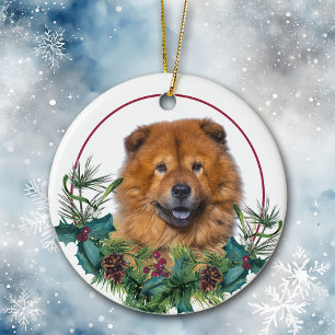Red Chow Chow Hund Evergreen Berry Wandan Julgransprydnad Keramik