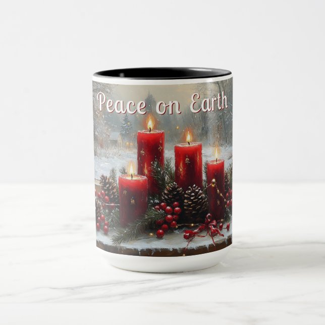 Red Christmas Candles Pine Cones Peace on Earth  Mugg (Center)