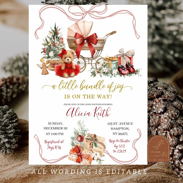 Red Christmas Coquette Carriage Girl Baby Shower  Inbjudningar (Skapare uppladdad)