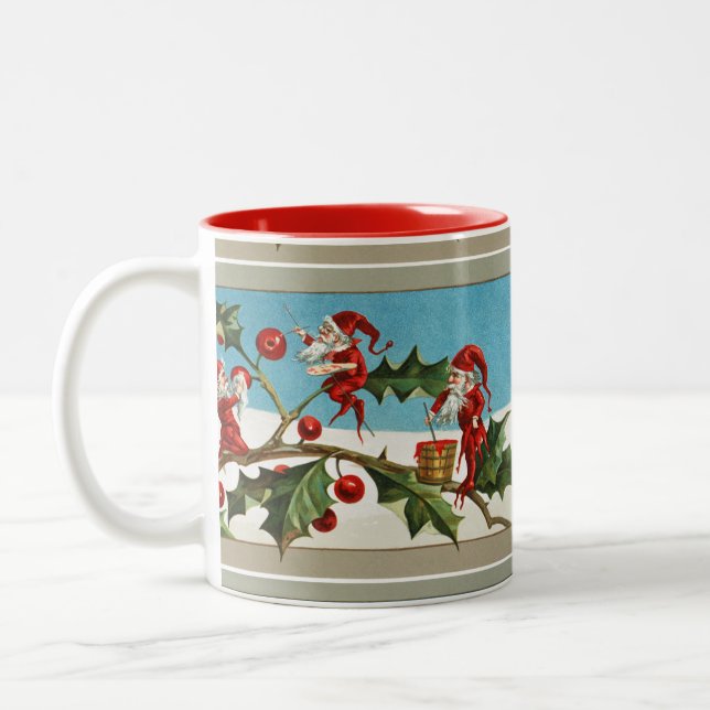 RED CHRISTMAS ELVES,HOLLYBERRIES Två-Tonad MUGG (Vänster)