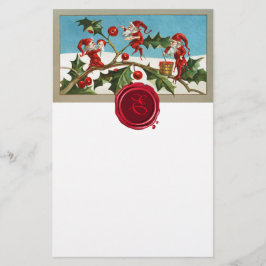 RED CHRISTMAS ELVES,HOLLYBERRIES Vax Seal Monogram Brevpapper