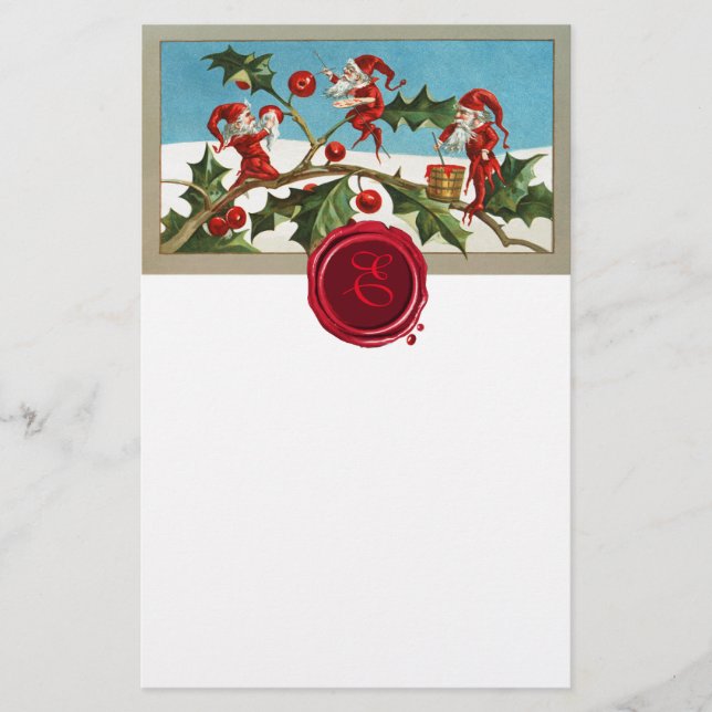 RED CHRISTMAS ELVES,HOLLYBERRIES Vax Seal Monogram Brevpapper (Framsida)