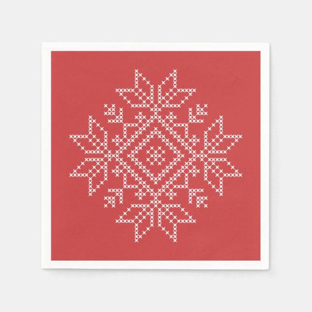 Red christmas embroidery snowflake art säsong pappersservett (Framsidan)