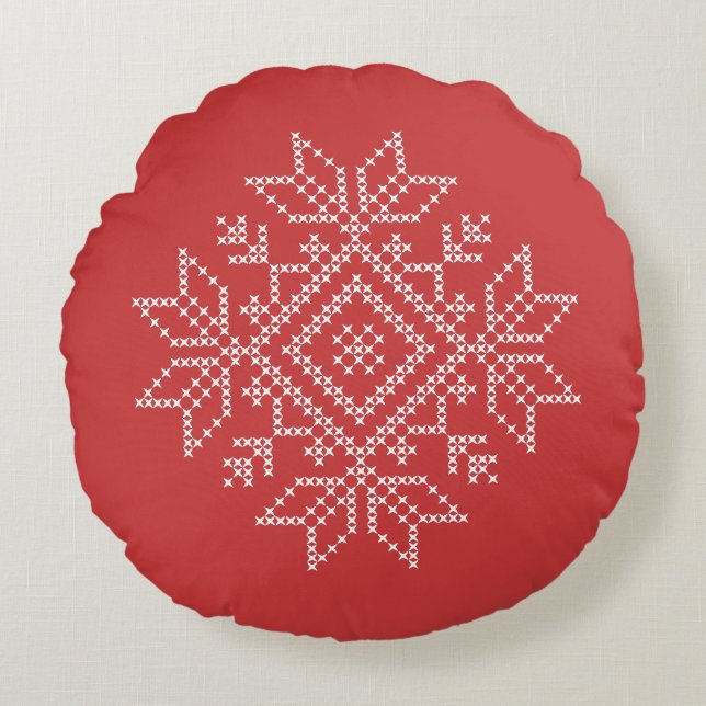 Red christmas embroidery snowflake art säsong rund kudde (Framsidan)