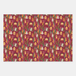 Red Christmas Festive Village Birds and Snowflakes