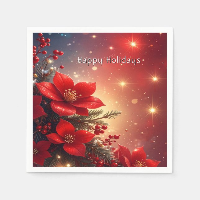 Red Christmas Floral Holiday Napkin Pappersservett (Framsidan)