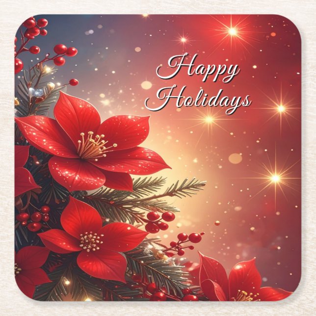 Red Christmas Floral Holiday Paper Coaster Underlägg Papper Kvadrat (Framsidan)