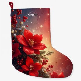 Red Christmas Floral Holiday Stocking Stor Julstrumpa