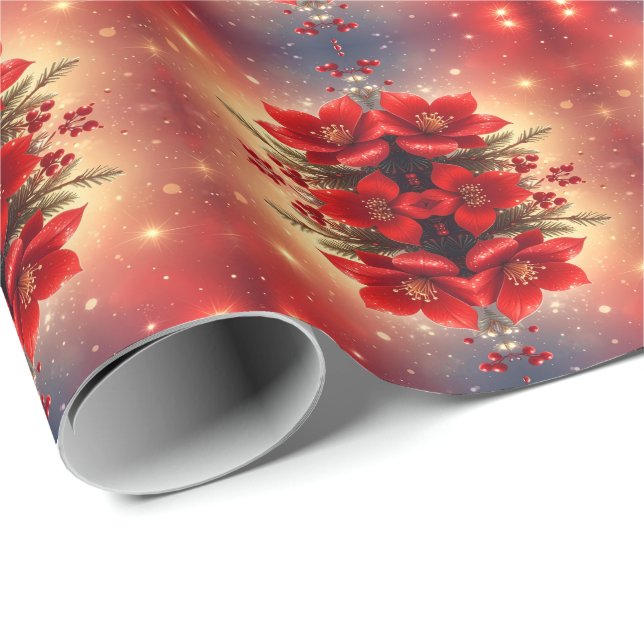 Red Christmas Floral Holiday Wrapping Paper Presentpapper (Rullad Hörn)