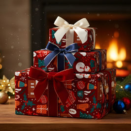 Red Christmas Gift Wrapping Paper with Festive Ico Presentpapper