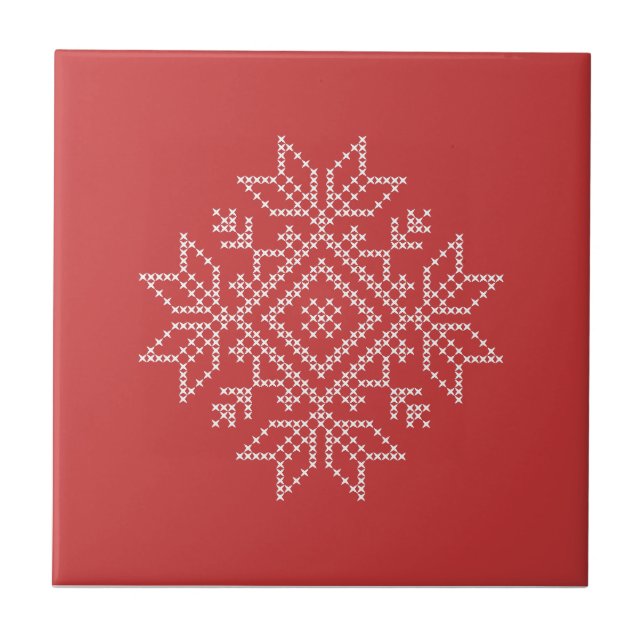 Red christmas knölknä nowflake nordic art kakelplatta (Framsidan)