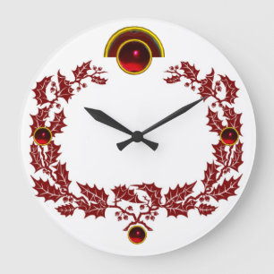 RED CHRISTMAS KRONA MED HOLLY BERRIES OCH RUBIES STOR KLOCKA