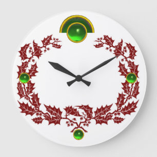 RED CHRISTMAS KRONA with HOLLY BERRIES , EMERALES Stor Klocka